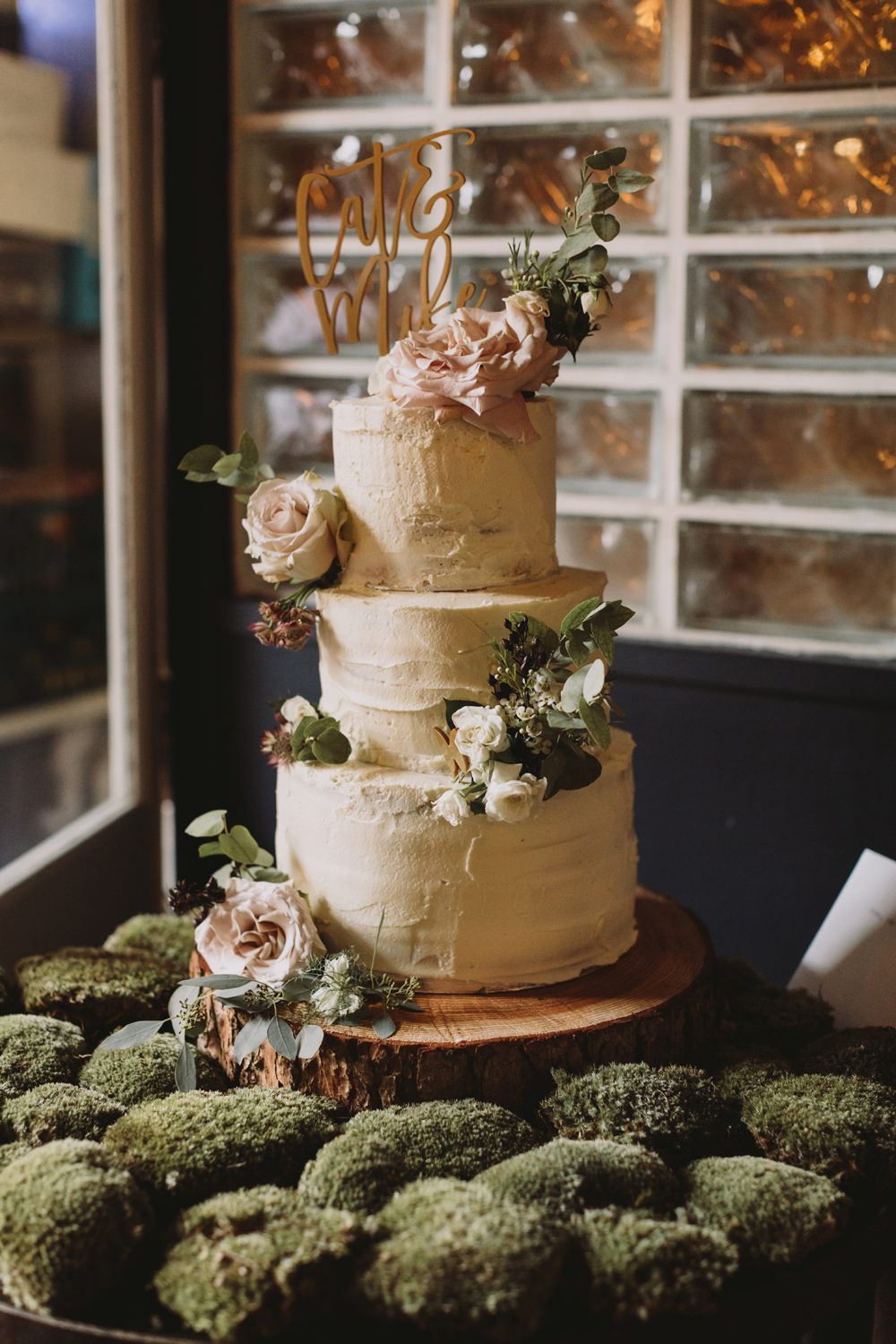 Buttercream Cake Wooden Laser Cut Topper Rose Wood Slice Moss Tram House Wedding Luke Hayden Photography