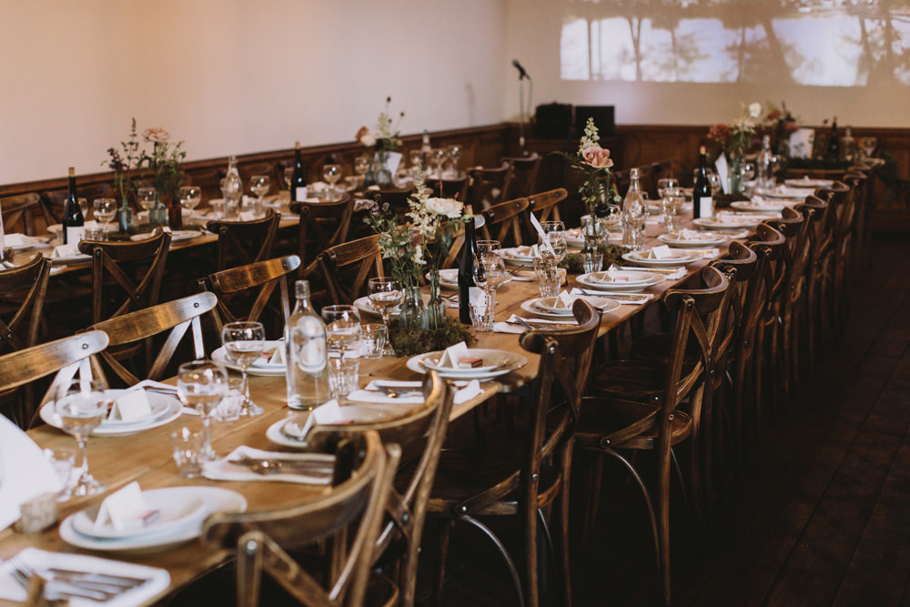 Wooden Rustic Table Setting Bottle Flowers Tram House Wedding Luke Hayden Photography