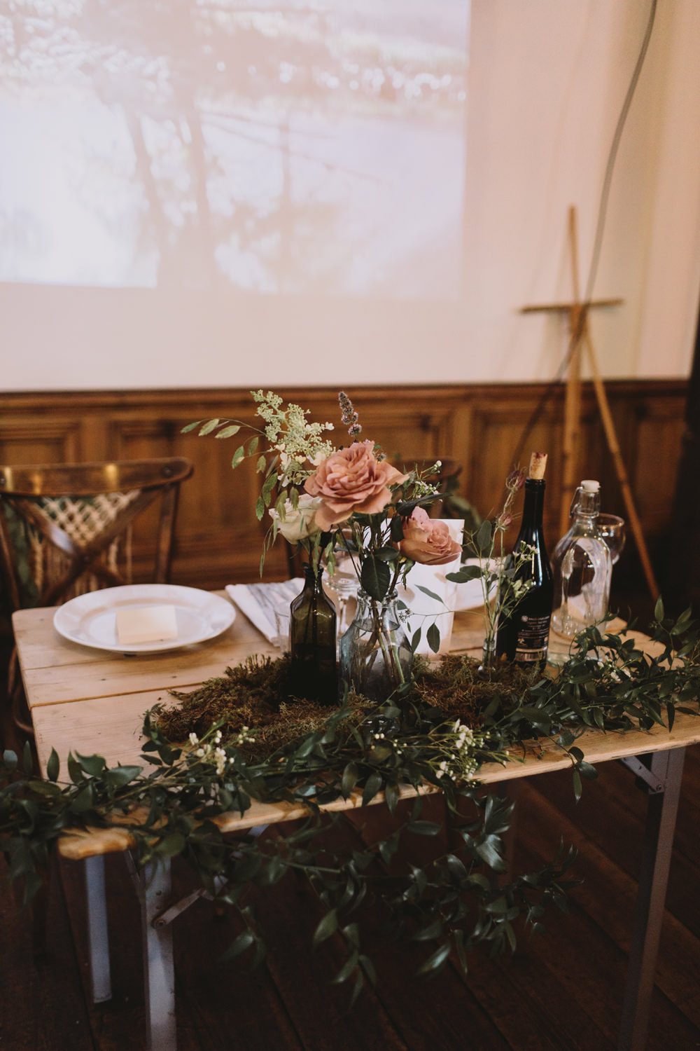 Table Centre Moss Bottle Rose Flowers Floral Foliage Tram House Wedding Luke Hayden Photography