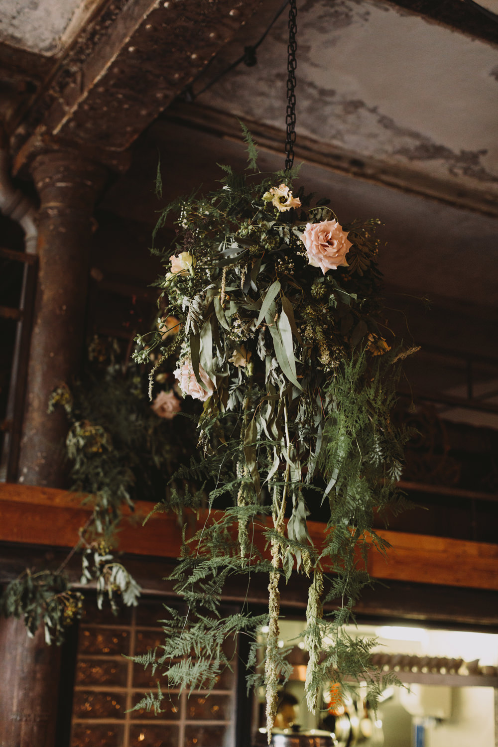 Hanging Floral Arrangement Flowers Foliage Rose Tram House Wedding Luke Hayden Photography