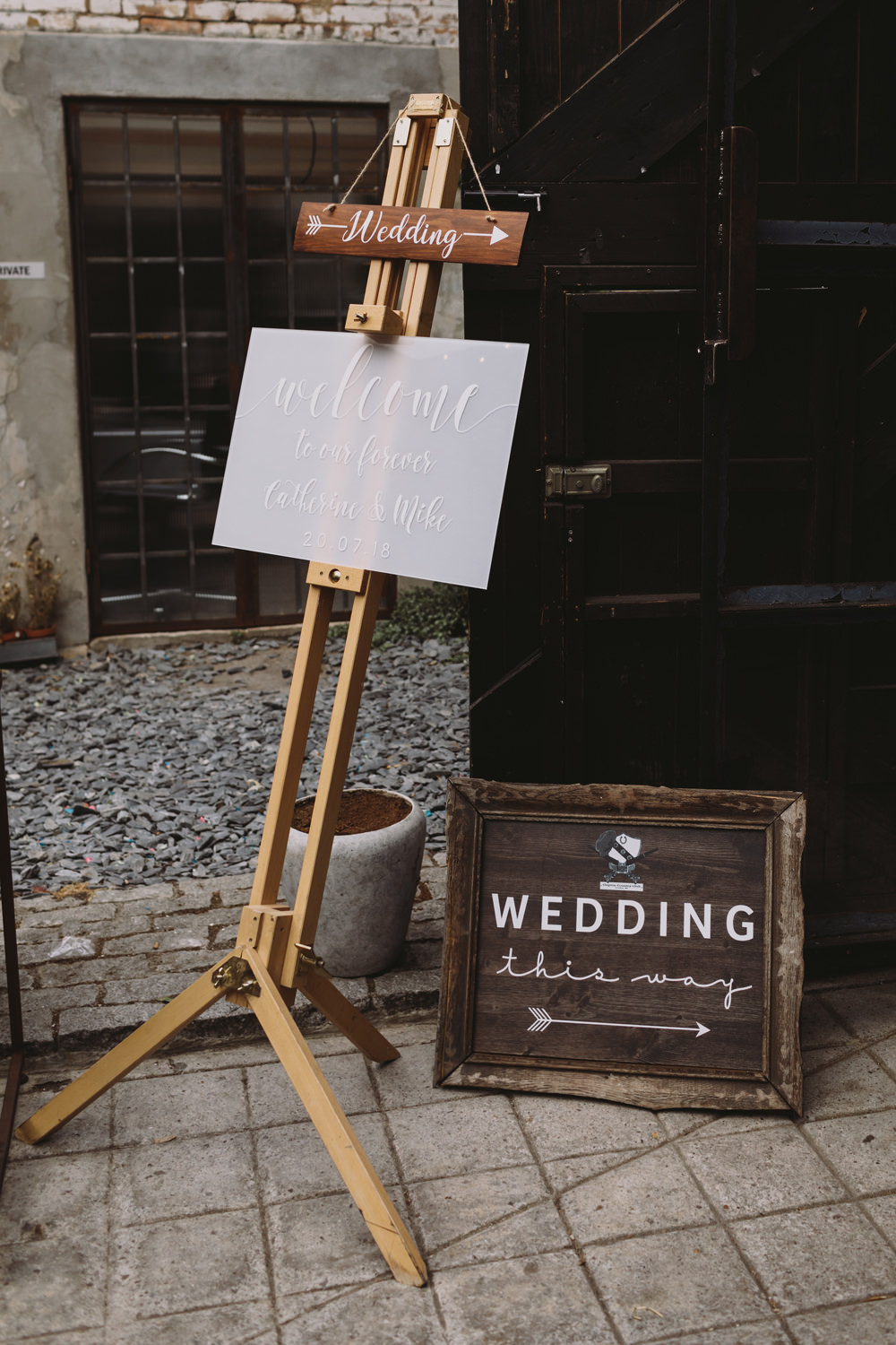 Welcome Sign Modern Calligraphy Brush Lettering Wooden Easel Tram House Wedding Luke Hayden Photography