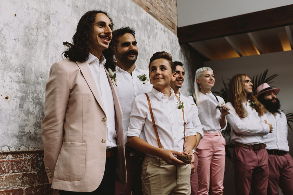 Casual Pink Jacket Chinos Groom Braces Groomsmen Salmon Mismatched Tram House Wedding Luke Hayden Photography
