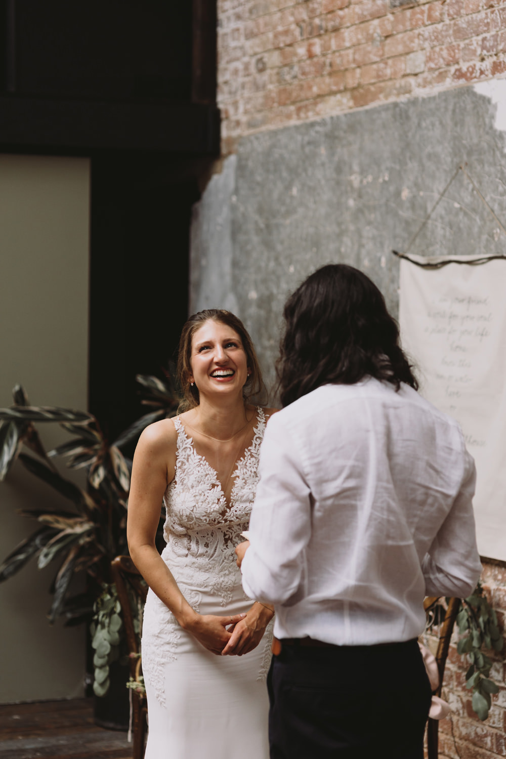 Bride Bridal Sleeveless V Neck Fit and Flare Train Pronovias Dress Gown Reiss Groom Ceremony Tram House Wedding Luke Hayden Photography