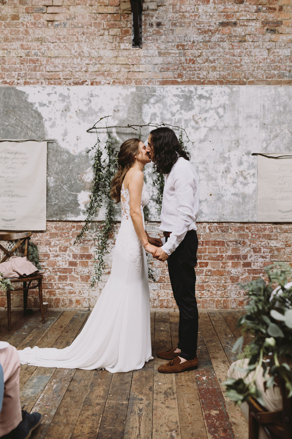 Bride Bridal Sleeveless V Neck Fit and Flare Train Pronovias Dress Gown Casual Reiss Groom Industrial Ceremony Tram House Wedding Luke Hayden Photography