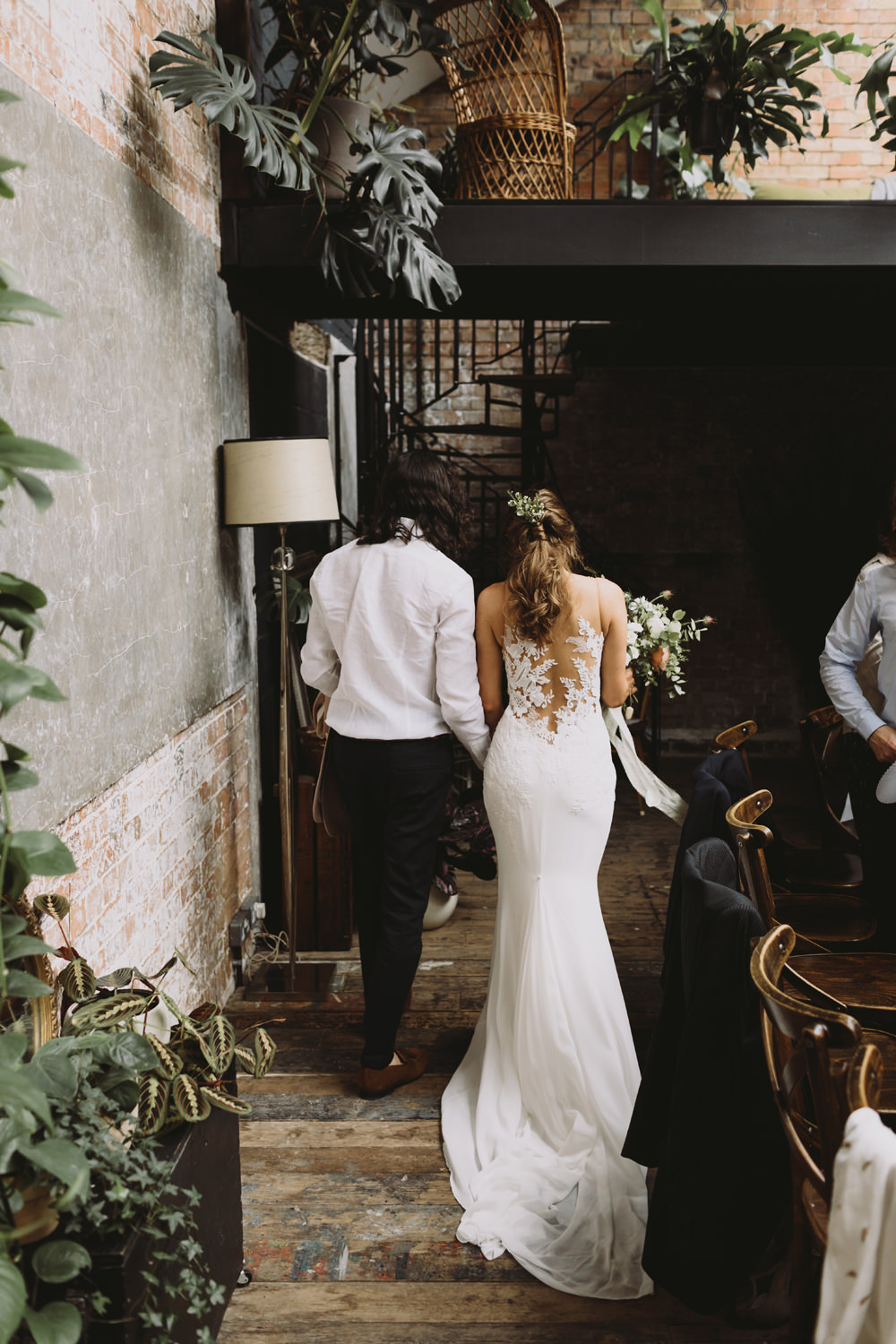 Bride Bridal Sleeveless V Neck Fit and Flare Train Pronovias Dress Gown Illusion Back Lace Reiss Groom Wild Bouquet Loose Handtied Rose Tram House Wedding Luke Hayden Photography