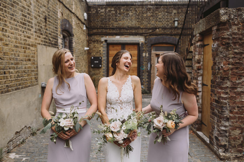 Bride Bridal Sleeveless V Neck Fit and Flare Train Pronovias Dress Gown Dusk TFNC Boat Neck Bridesmaids Wild Bouquet Loose Handtied Rose Tram House Wedding Luke Hayden Photography