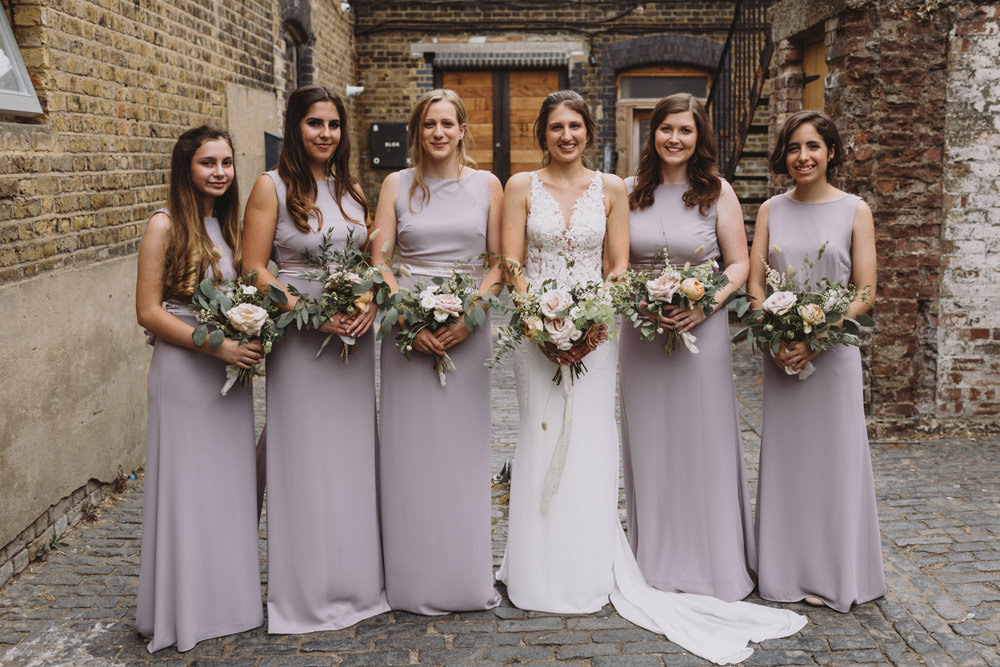 Bride Bridal Sleeveless V Neck Fit and Flare Train Pronovias Dress Gown Pink Dusk Boat Neck TFNC Bridesmaids Wild Bouquet Loose Handtied Rose Tram House Wedding Luke Hayden Photography