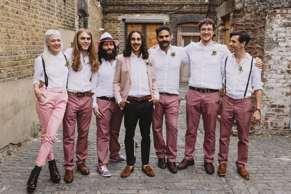 Pink Jacket Chinos Groom Mismatched Braces Groomsmen Groomswoman Salmon Trousers Tram House Wedding Luke Hayden Photography