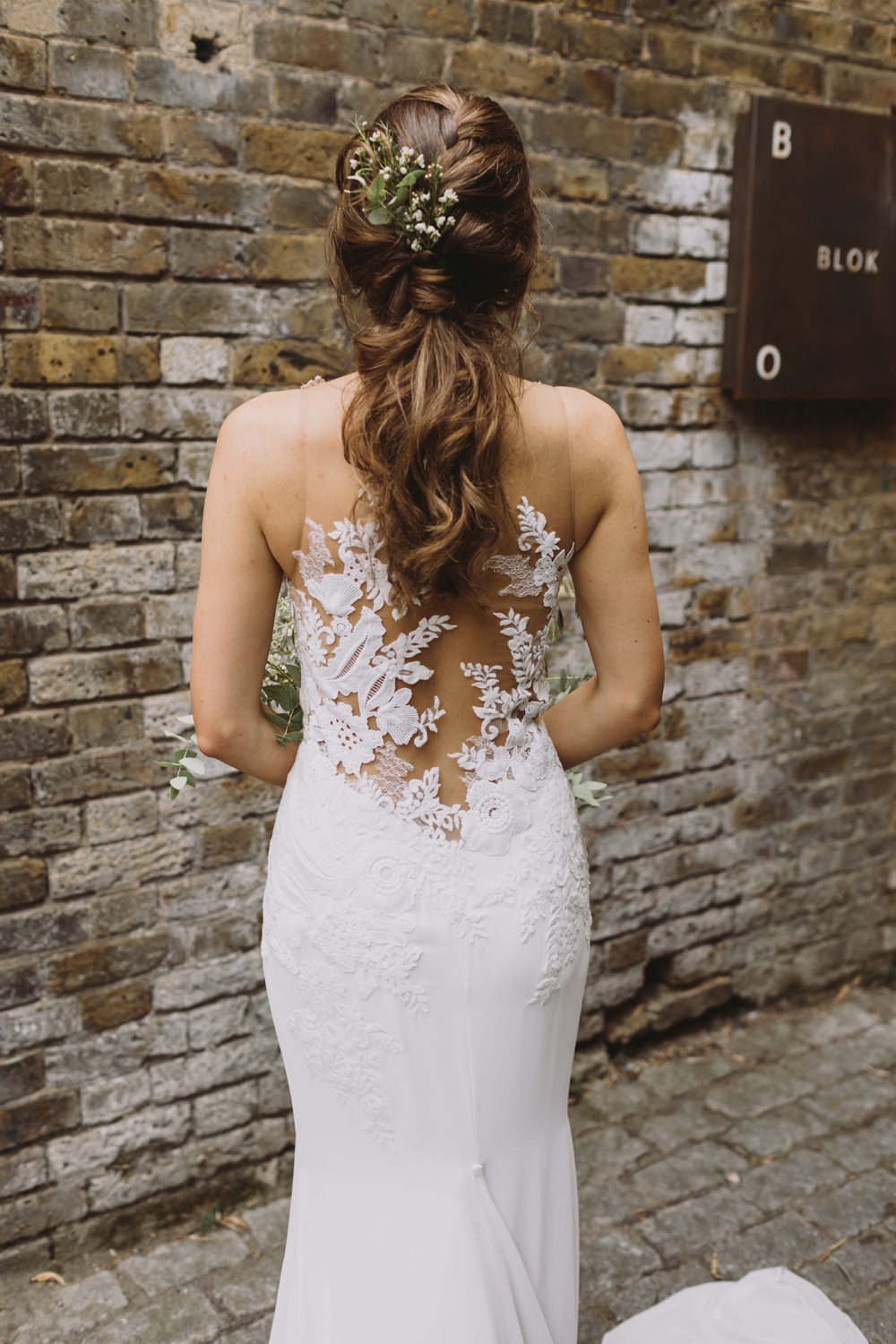 Bride Bridal Illusion Lace Back Dress Gown Pronovias Leaf Foliage Hair Up Do Tram House Wedding Luke Hayden Photography