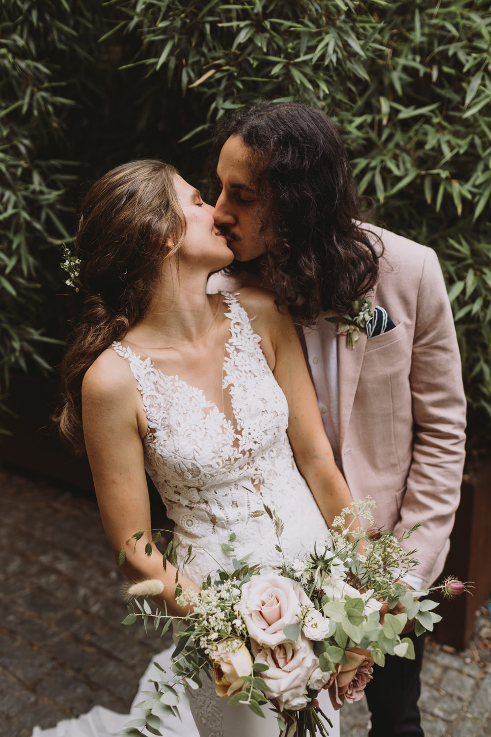Bride Bridal Sleeveless V Neck Fit and Flare Train Pronovias Dress Gown Pink Jacket Reiss Groom Wild Bouquet Loose Handtied Rose Tram House Wedding Luke Hayden Photography