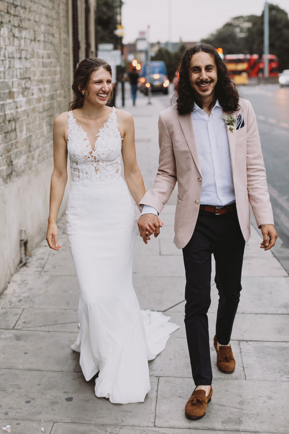 Bride Bridal Sleeveless V Neck Fit and Flare Train Pronovias Dress Gown Pink Jacket Reiss Groom Tram House Wedding Luke Hayden Photography