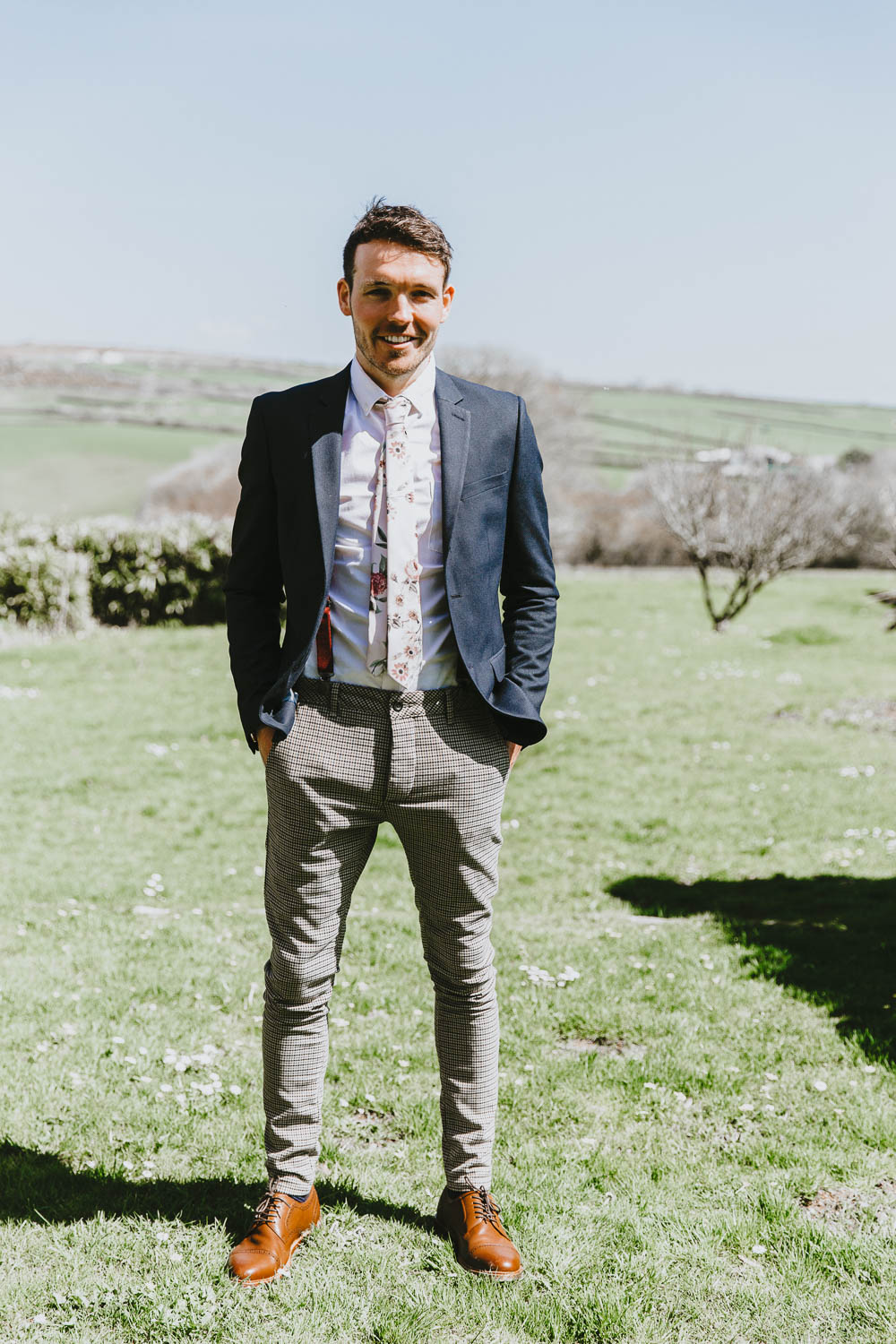 Groom Suit Style Look Blazer Chinos Floral Tie Braces Trevenna Barns Wedding Wild Tide Creative