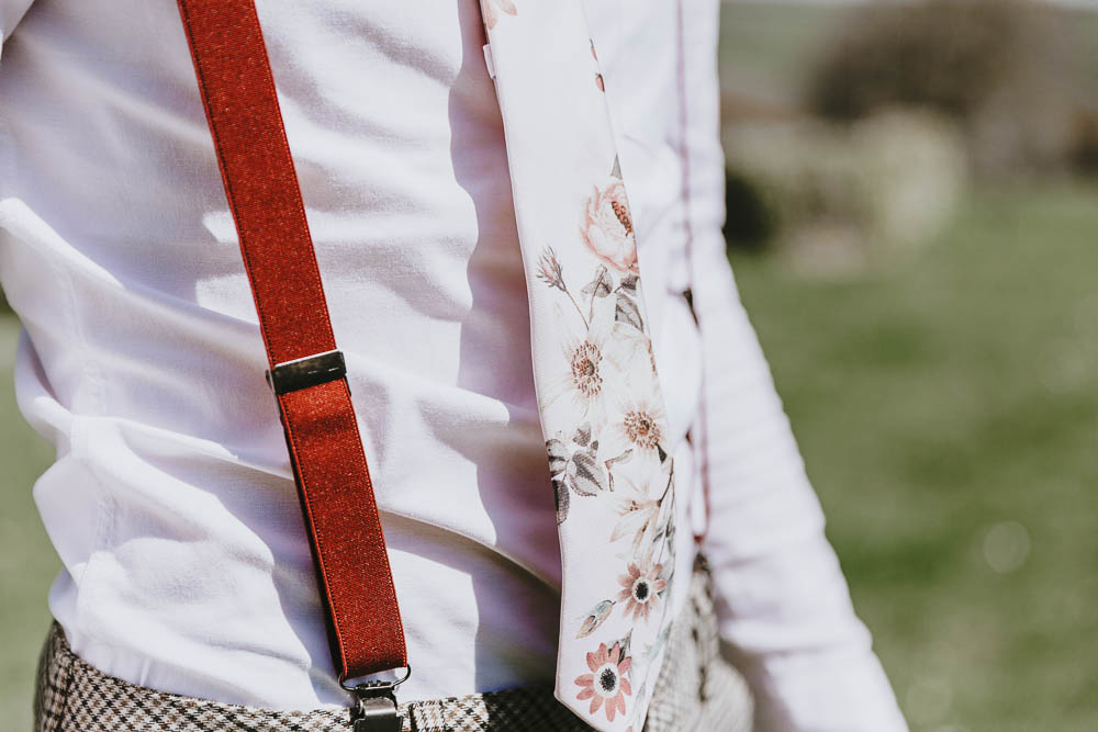 Groom Suit Style Look Chinos Floral Tie Braces Trevenna Barns Wedding Wild Tide Creative