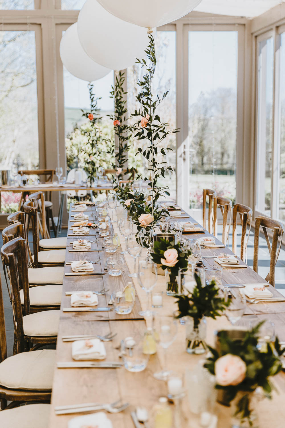 Long Table Decor Giant Balloons Greenery Foliage Hessian Burlap Lanterns Flowers Runner Trevenna Barns Wedding Wild Tide Creative