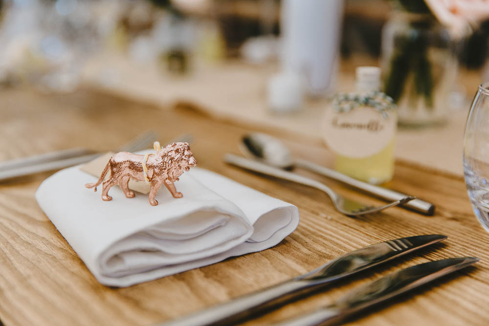 Copper Painted Toy Animal Place Name Calligraphy Luggage Tag Trevenna Barns Wedding Wild Tide Creative