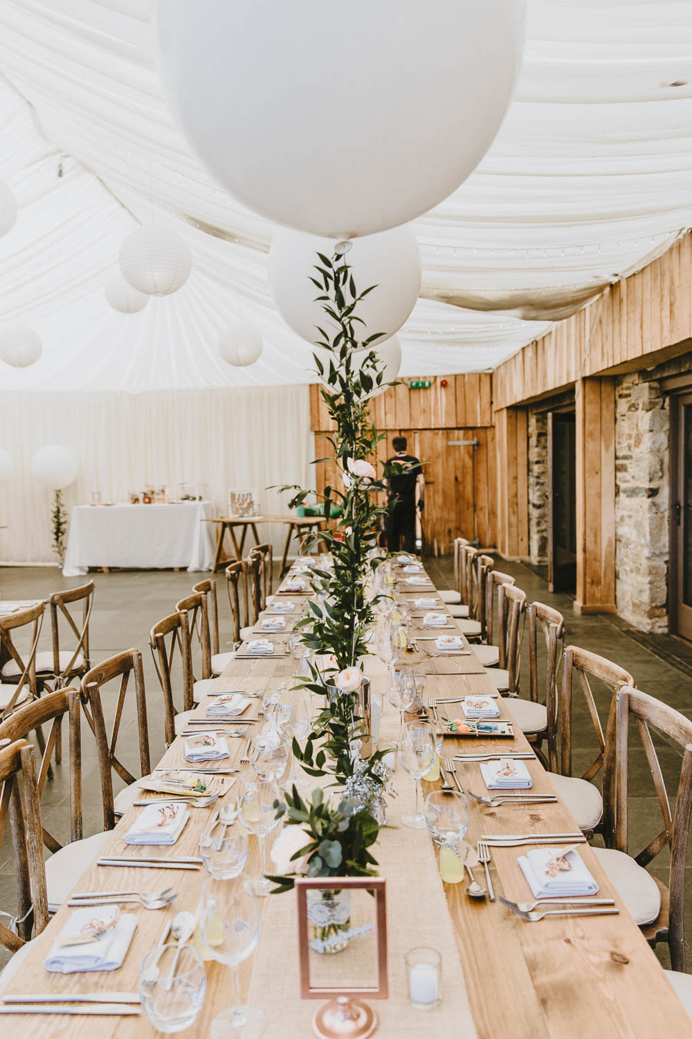 Long Table Decor Giant Balloons Greenery Foliage Hessian Burlap Lanterns Trevenna Barns Wedding Wild Tide Creative