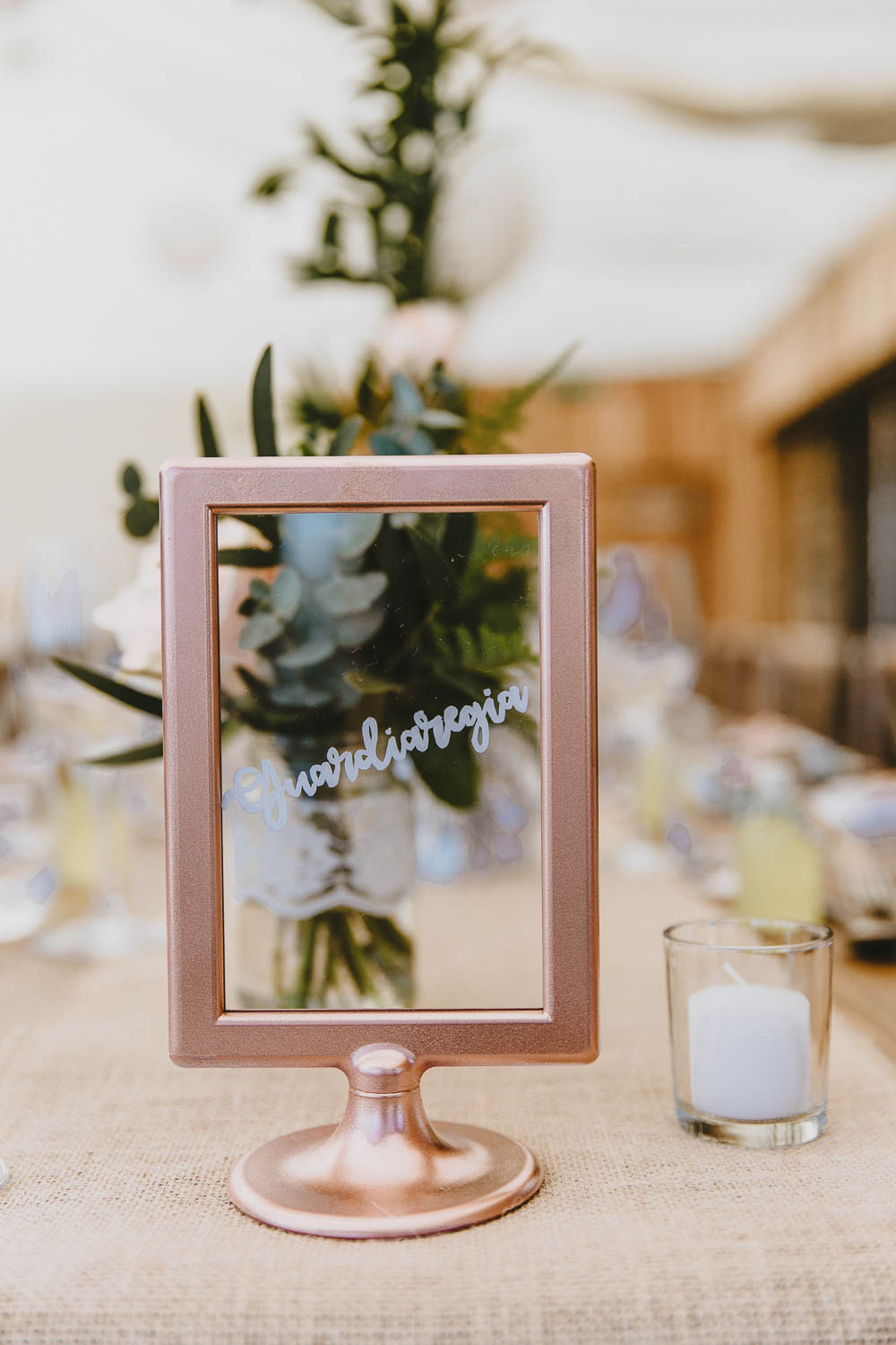 Copper Frame Clear Glass Table Names Trevenna Barns Wedding Wild Tide Creative