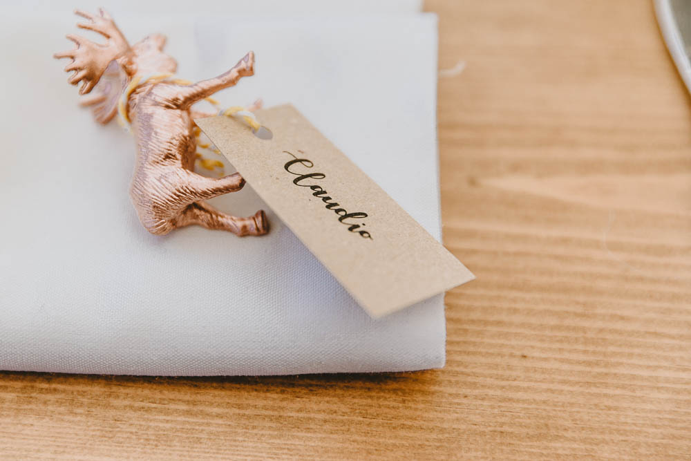 Copper Painted Toy Animal Place Name Calligraphy Luggage Tag Trevenna Barns Wedding Wild Tide Creative
