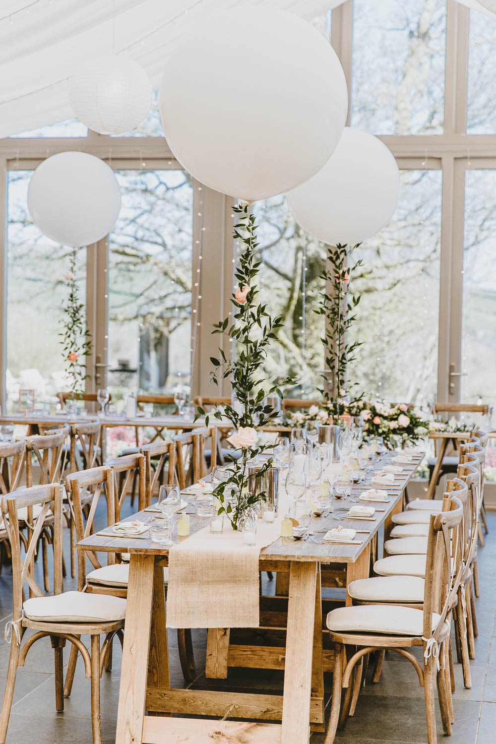 Long Table Decor Giant Balloons Greenery Foliage Hessian Burlap Lanterns Trevenna Barns Wedding Wild Tide Creative