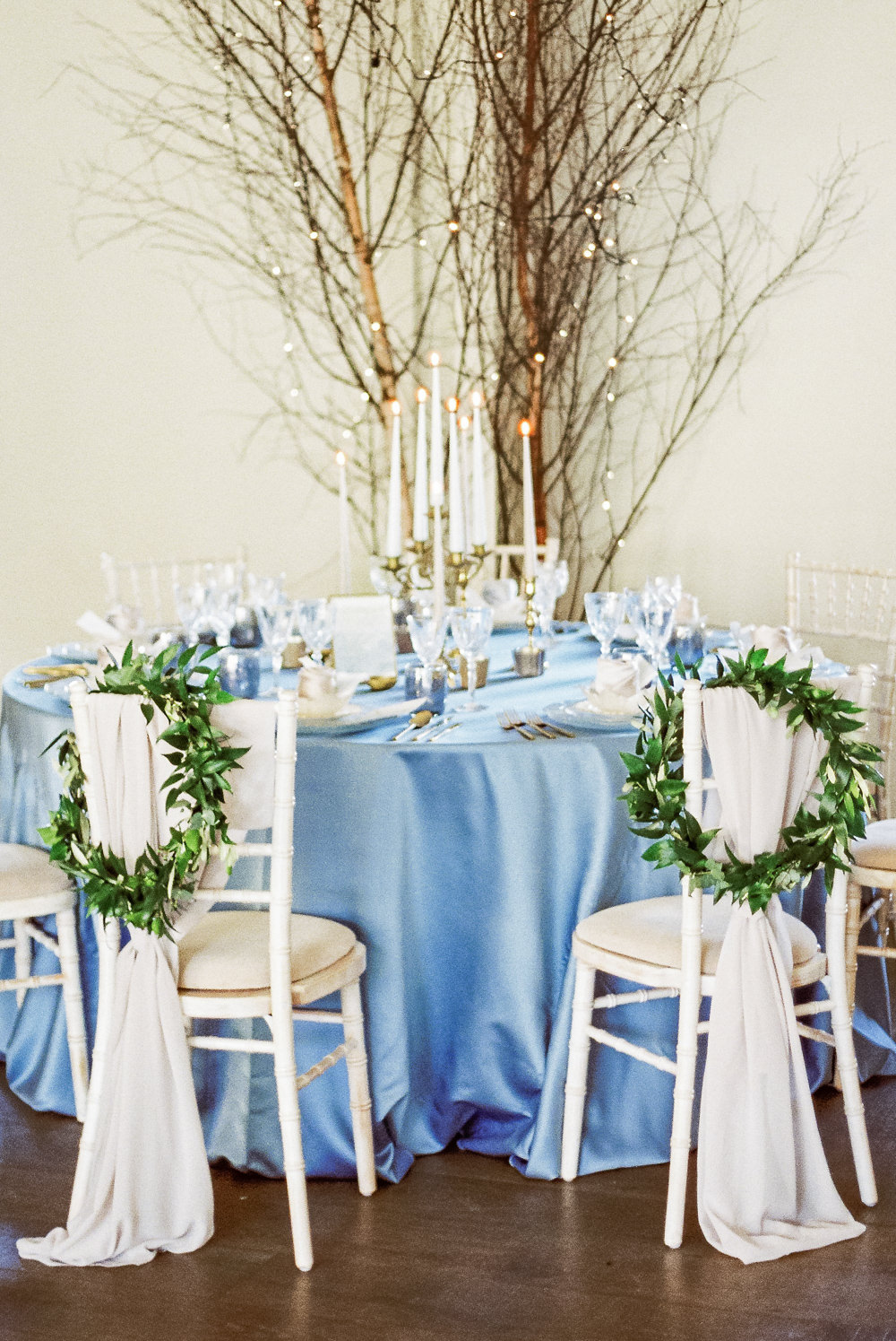 Greenery Foliage Wreath Hoop Chairs Fabric Winter Blue Barn Wedding Ideas Joanna Briggs Photography