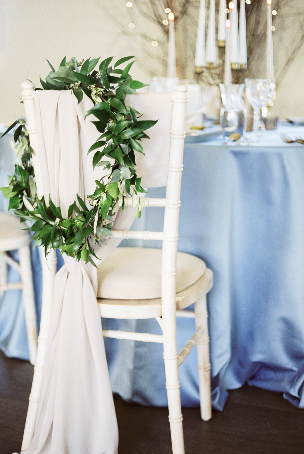 Greenery Foliage Wreath Hoop Chairs Fabric Winter Blue Barn Wedding Ideas Joanna Briggs Photography