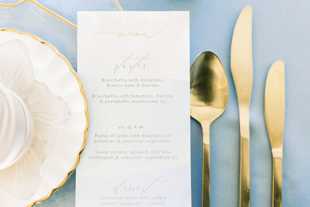 Gold Cutlery Winter Blue Barn Wedding Ideas Joanna Briggs Photography
