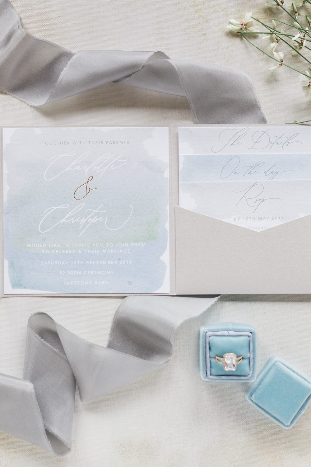 Watercolour Stationery Invites Invitations Grey Pocket Envelope Watercolour Winter Blue Barn Wedding Ideas Joanna Briggs Photography