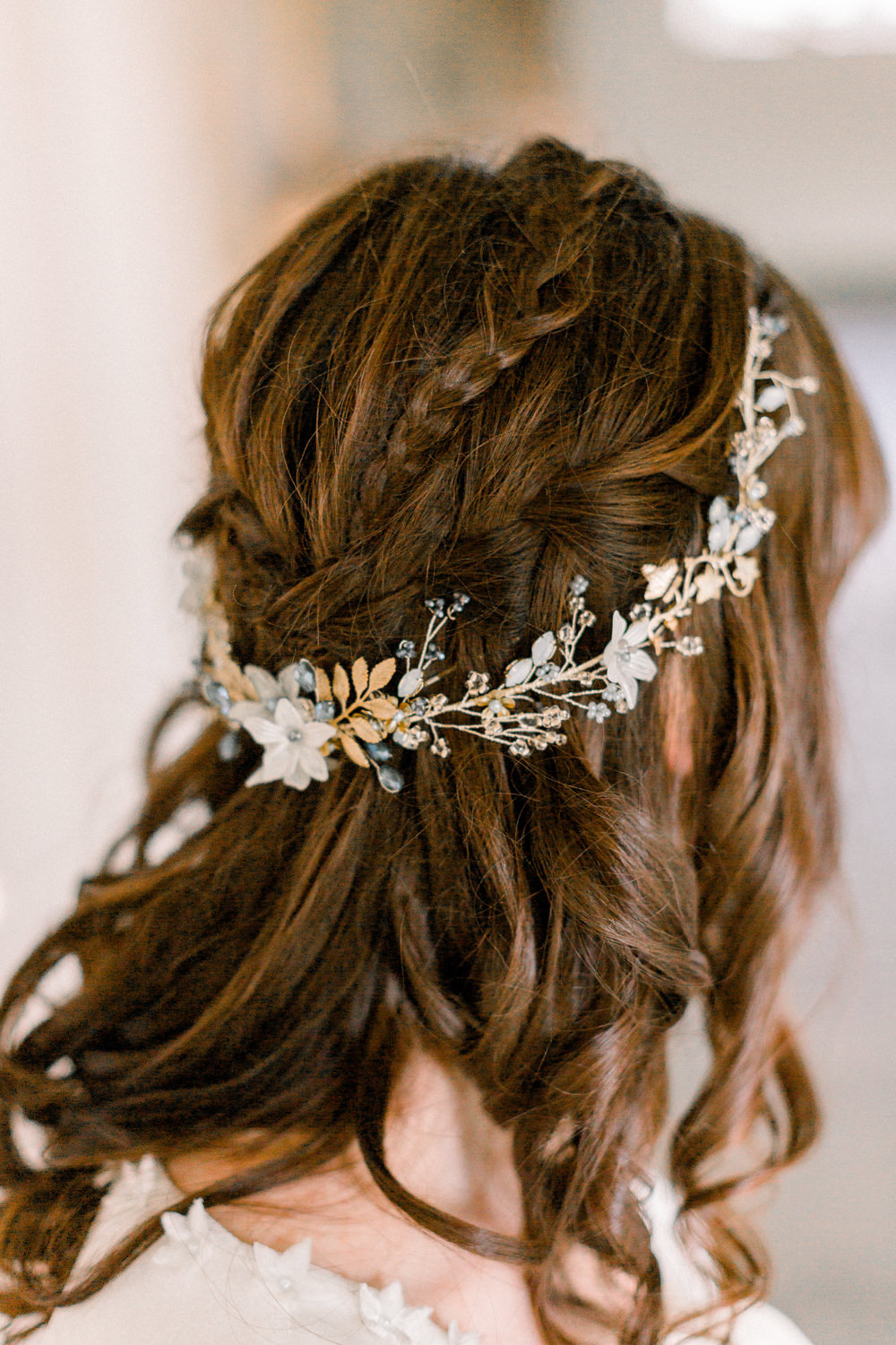 Bride Bridal Accessory Circlet Gold Leaf Hair Plaits Braids Style Up Do Winter Blue Barn Wedding Ideas Joanna Briggs Photography
