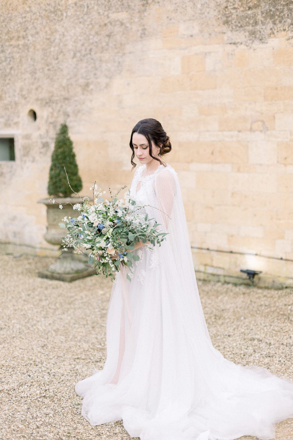Dress Gown Bride Bridal Cape Veil Winter Blue Barn Wedding Ideas Joanna Briggs Photography
