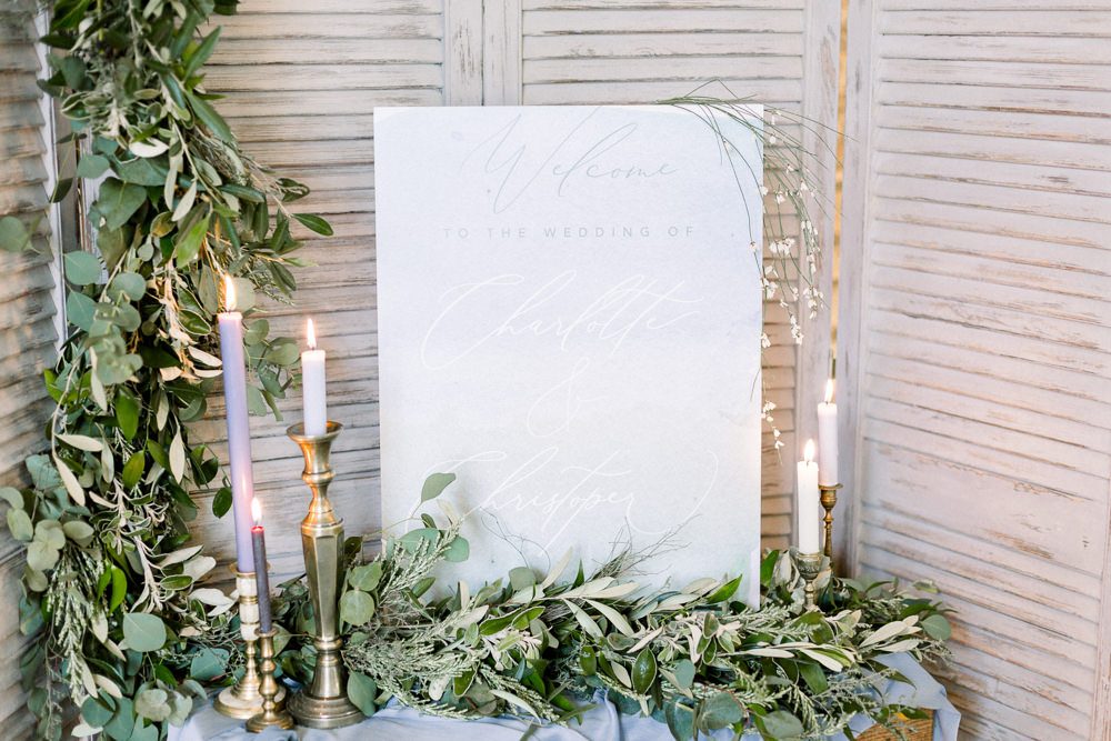 Welcome Sign Watercolour Calligraphy Winter Blue Barn Wedding Ideas Joanna Briggs Photography