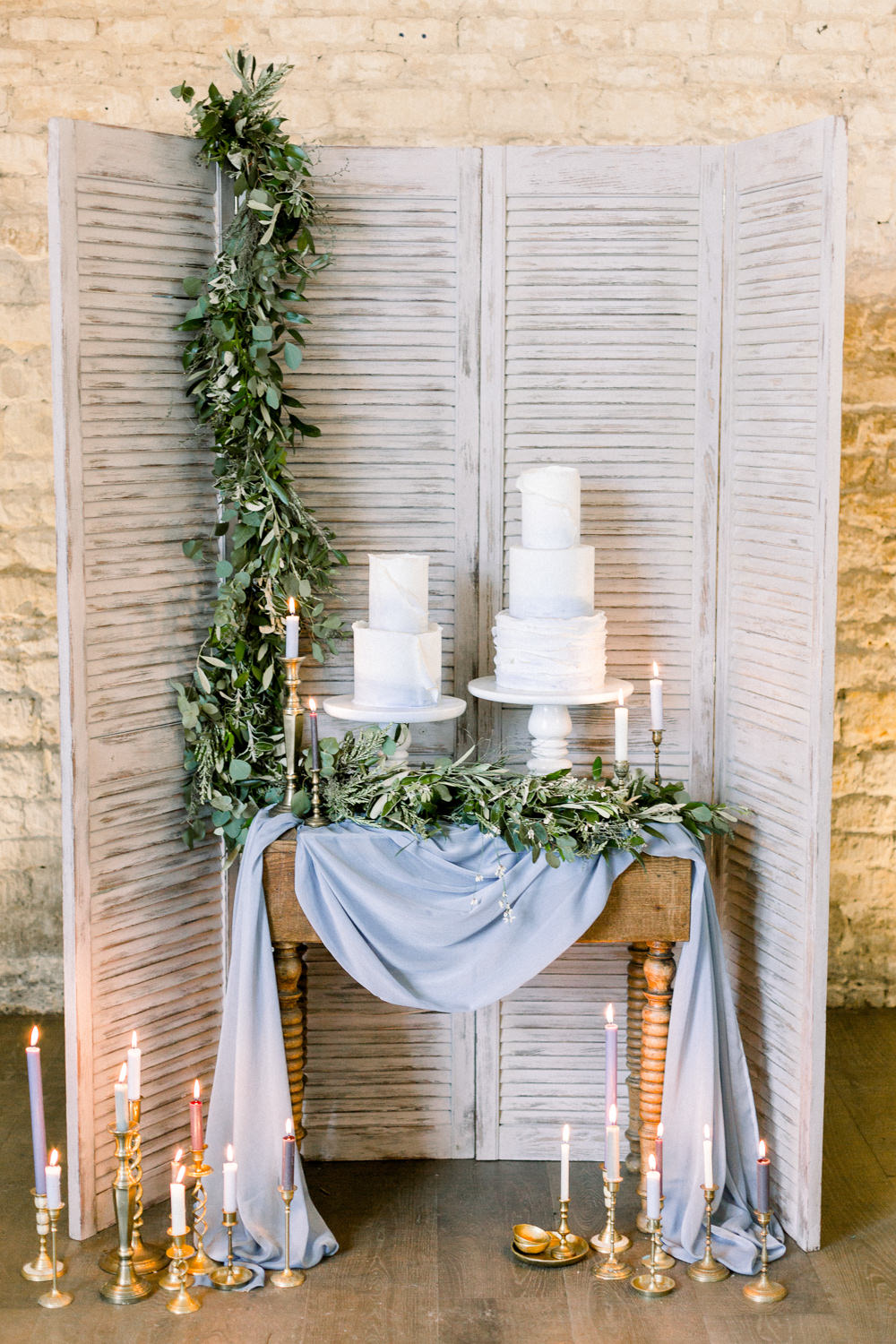 Cake Table Doors Shutters Greenery Foliage Candles Winter Blue Barn Wedding Ideas Joanna Briggs Photography