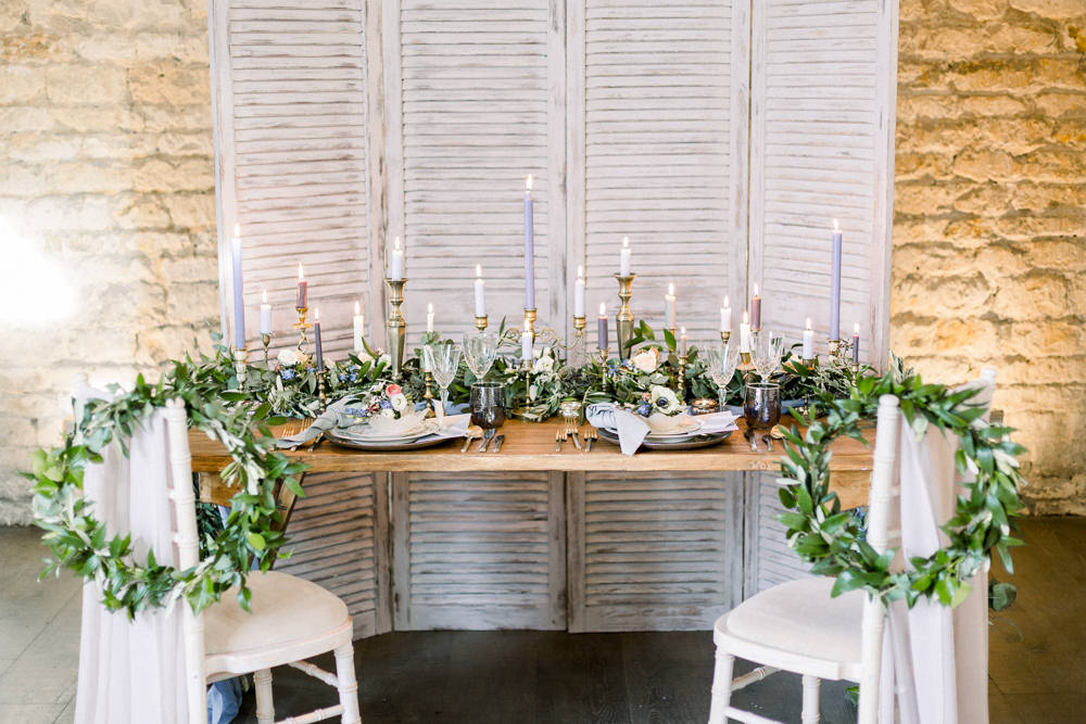 Tablescape Table Decor Shutters Doors Backdrop Candles Greenery Winter Blue Barn Wedding Ideas Joanna Briggs Photography
