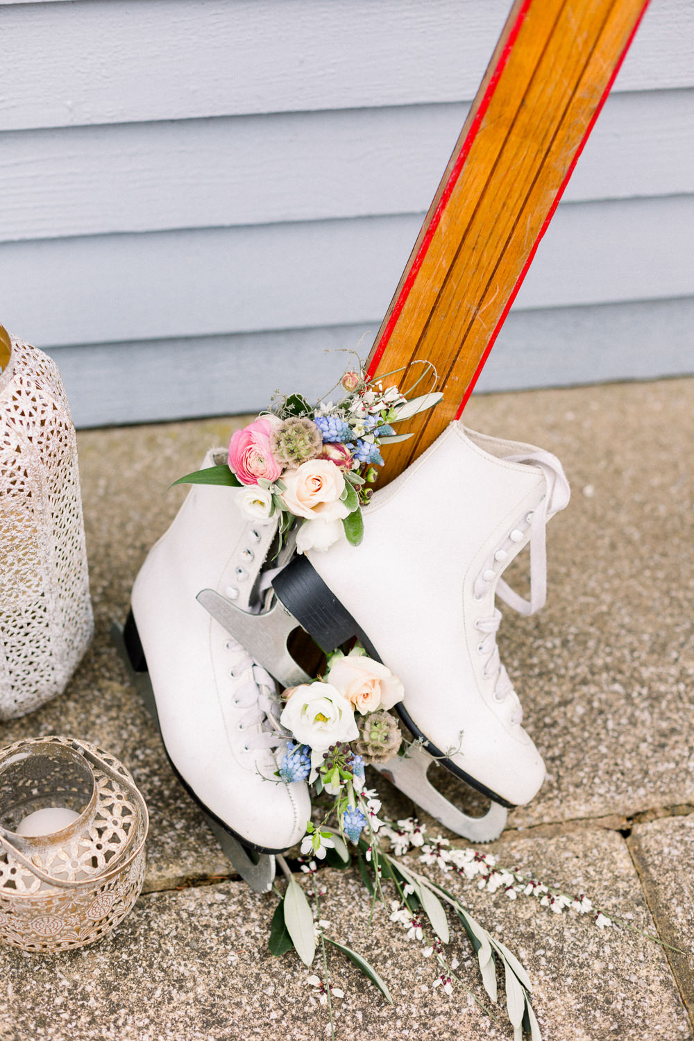 Ice Skates Flowers Decor Winter Blue Barn Wedding Ideas Joanna Briggs Photography