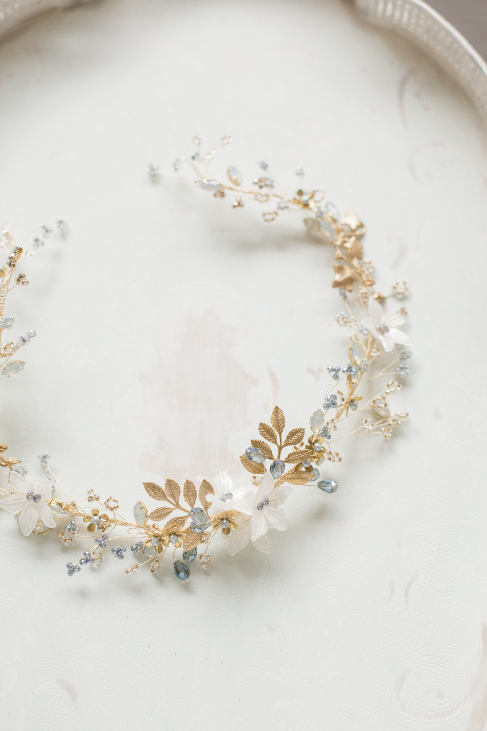 Bride Bridal Accessory Circlet Gold Leaf Hair Winter Blue Barn Wedding Ideas Joanna Briggs Photography