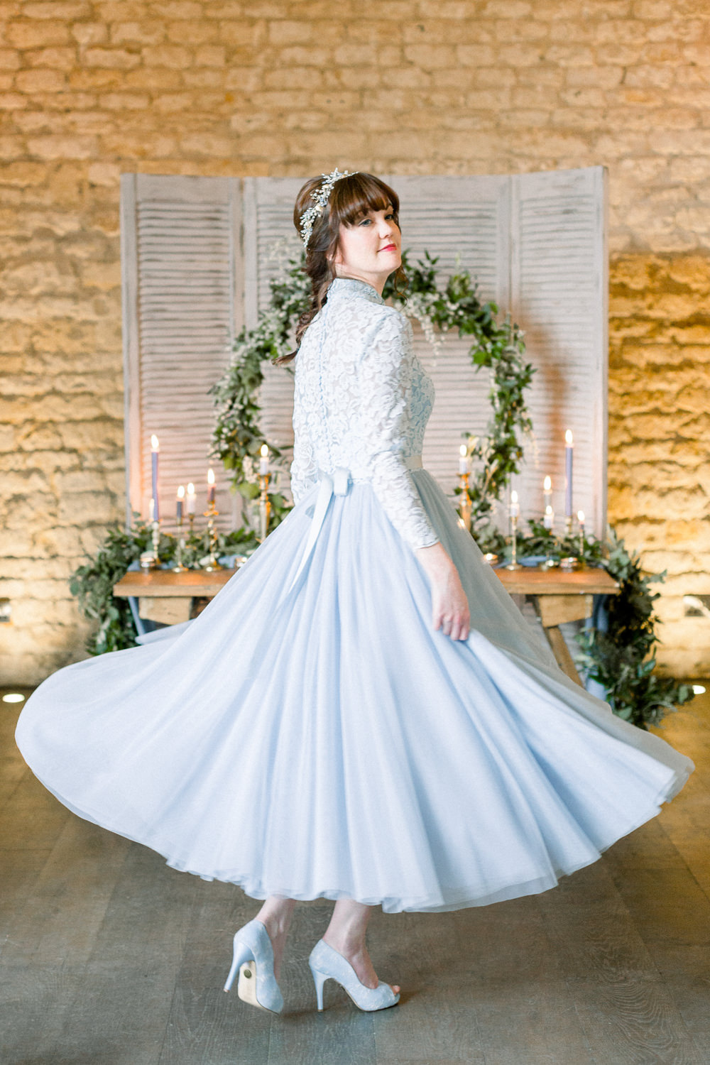Dress Gown Bride Bridal Lace Sleeves Short Tea Length Winter Blue Barn Wedding Ideas Joanna Briggs Photography