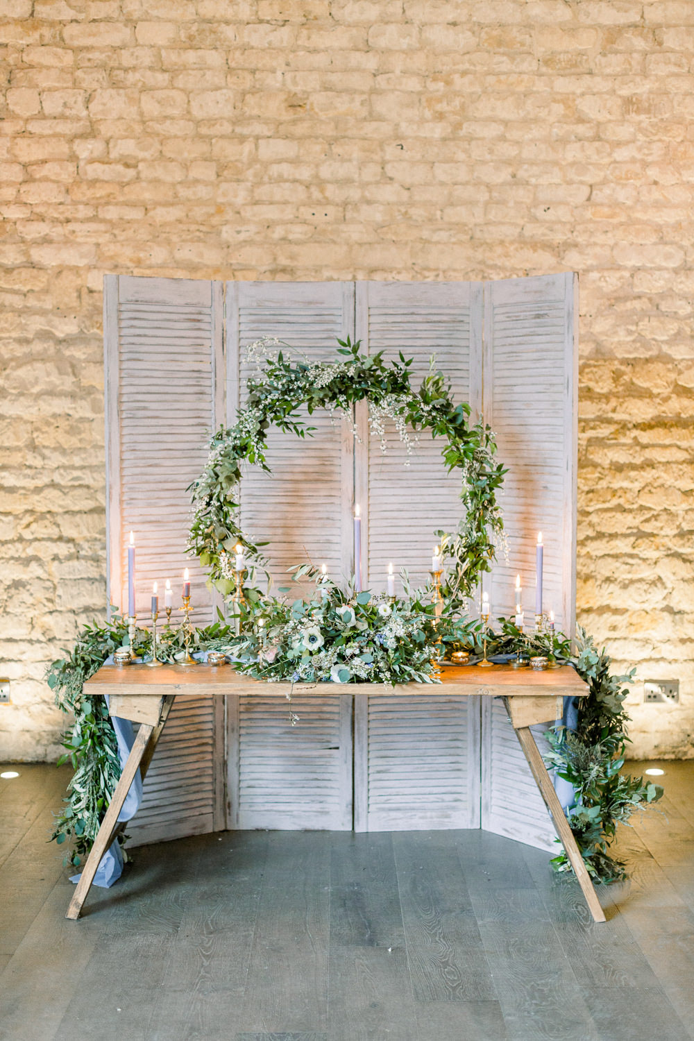 Hoop Wreaths Greenery Folliage Backdrop Table Tablescape Winter Blue Barn Wedding Ideas Joanna Briggs Photography
