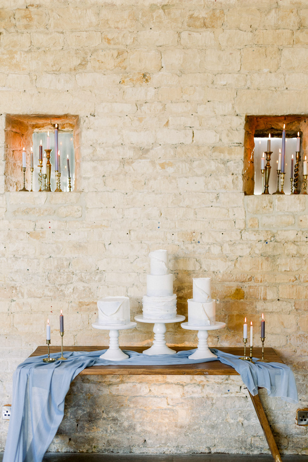 Cake Table Silk Runner Candles Winter Blue Barn Wedding Ideas Joanna Briggs Photography