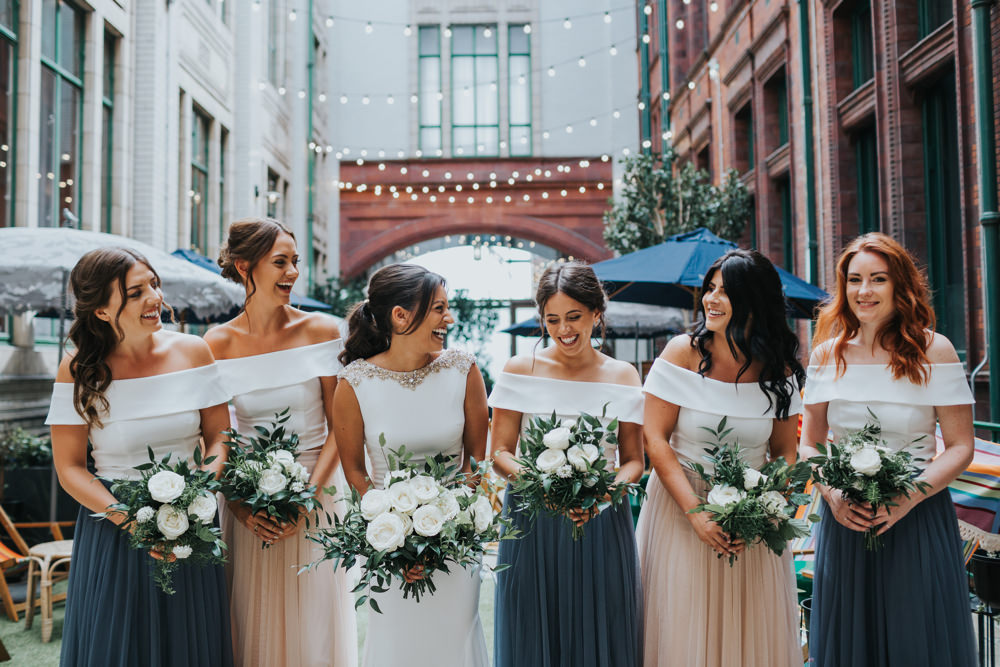 Pronovias Dress Gown Fit and Flare Embellished Sparkle Long Train Tulle Skirt Mismatched Bridesmaids Bardot Top Albert Hall Manchester Wedding Katie Dervin Photography