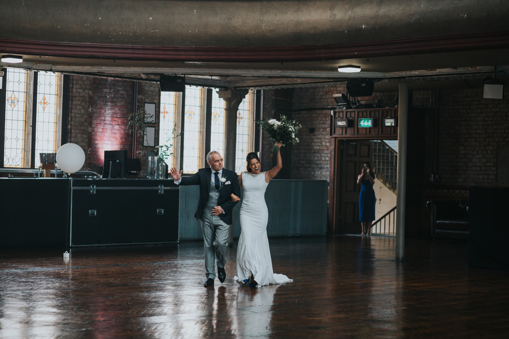Pronovias Dress Gown Fit and Flare Embellished Sparkle Long Train Three Piece Suit Albert Hall Manchester Wedding Katie Dervin Photography