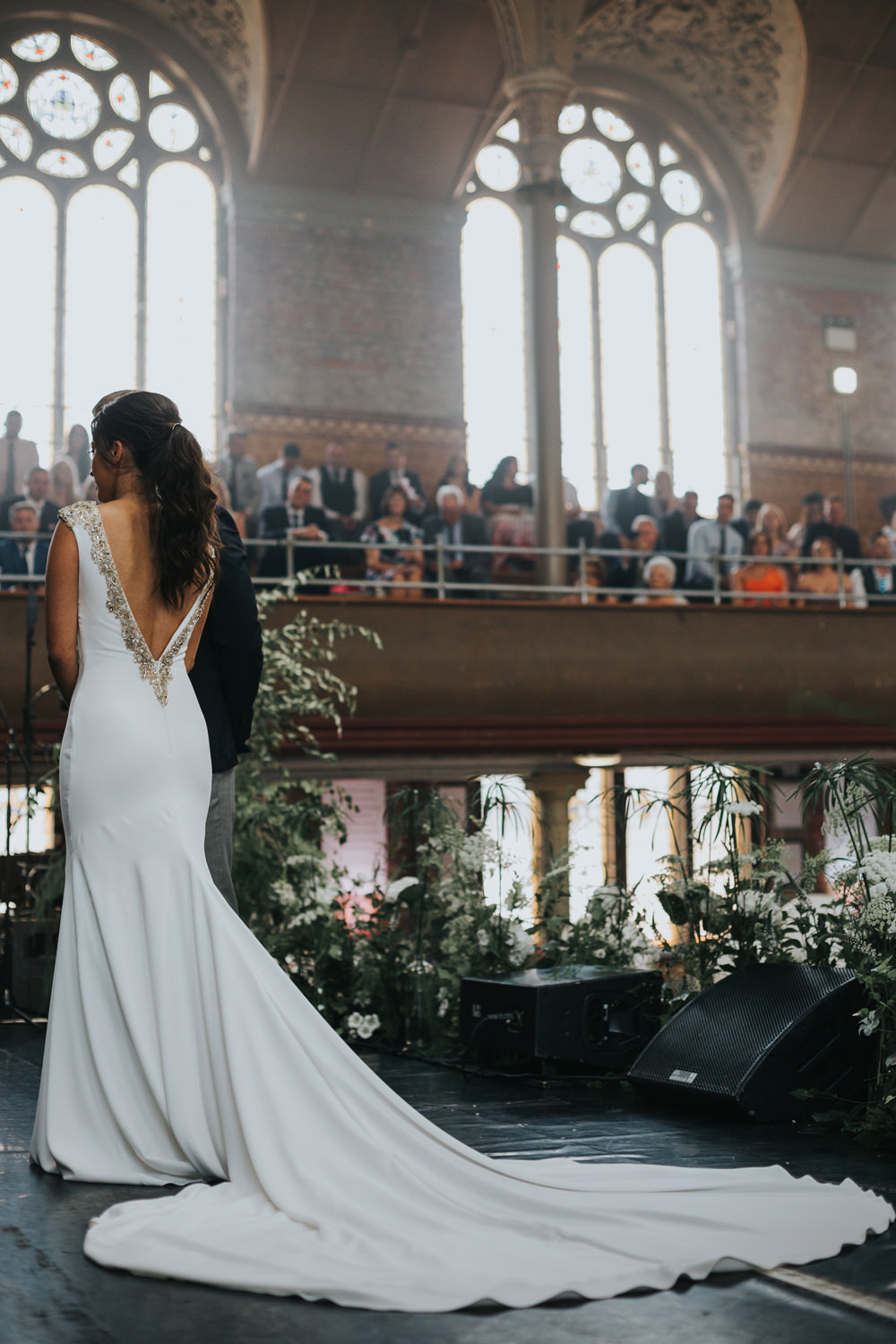 Pronovias Dress Gown Fit and Flare Embellished Sparkle Long Train Albert Hall Manchester Wedding Katie Dervin Photography