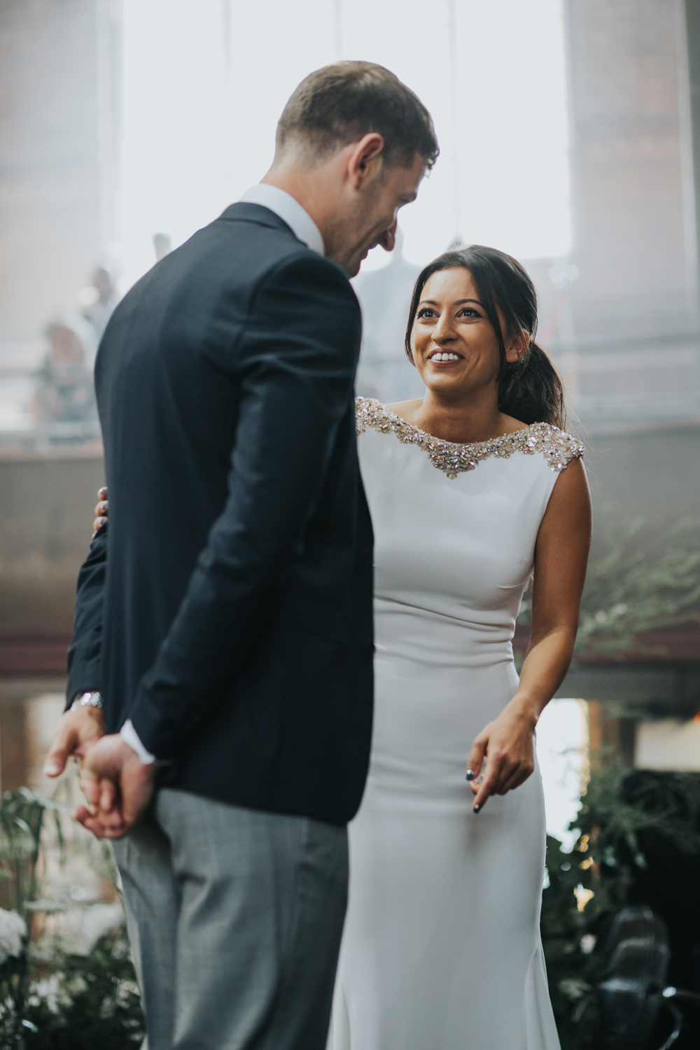 Pronovias Dress Gown Fit and Flare Embellished Sparkle Long Train Mismatched Suit Groom Albert Hall Manchester Wedding Katie Dervin Photography