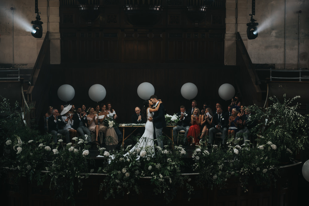 Pronovias Dress Gown Fit and Flare Embellished Sparkle Long Train Mismatched Suit Groom Large Oversized Balloons Greenery Stage Albert Hall Manchester Wedding Katie Dervin Photography