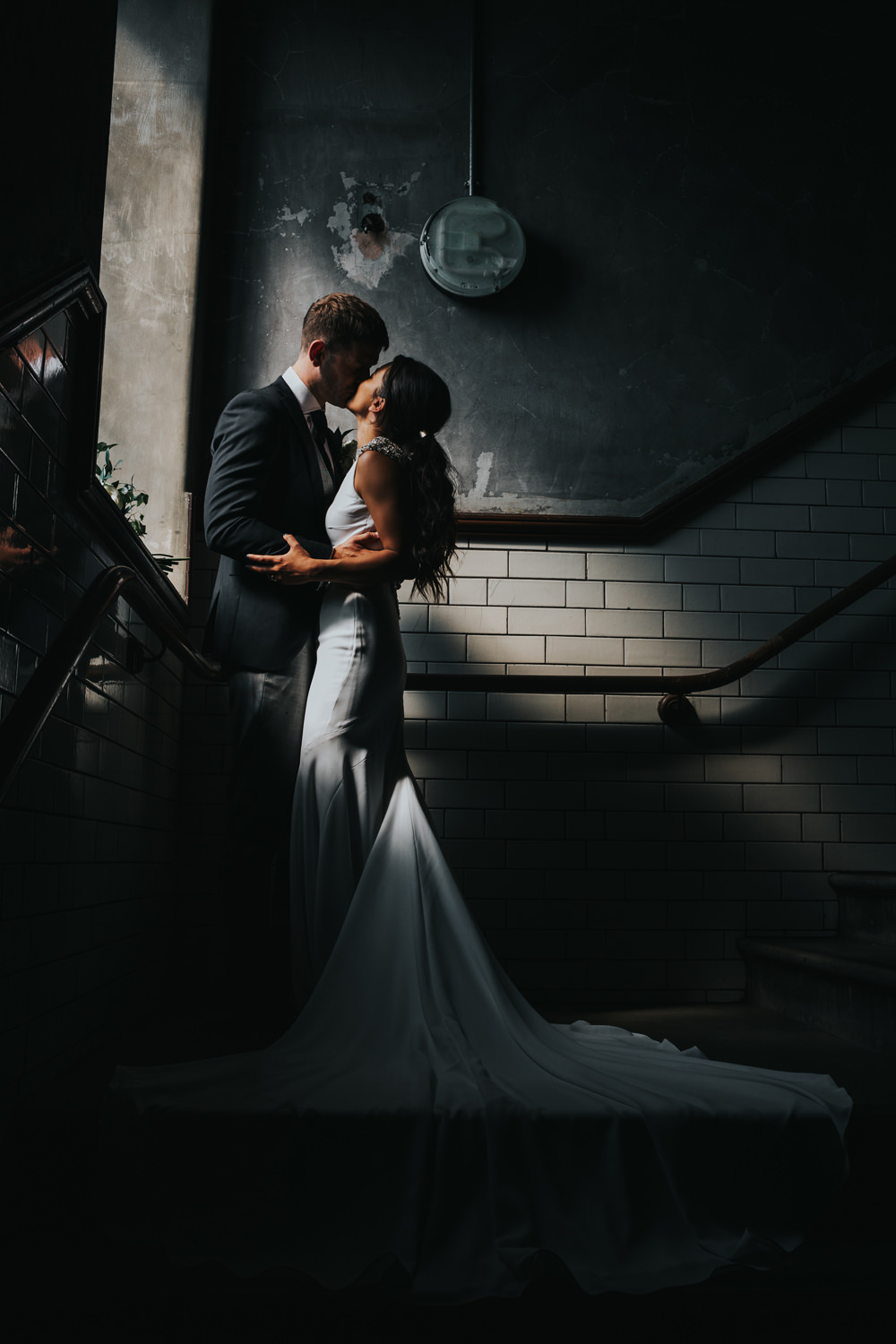 Pronovias Dress Gown Fit and Flare Embellished Sparkle Long Train Mismatched Suit Groom Albert Hall Manchester Wedding Katie Dervin Photography