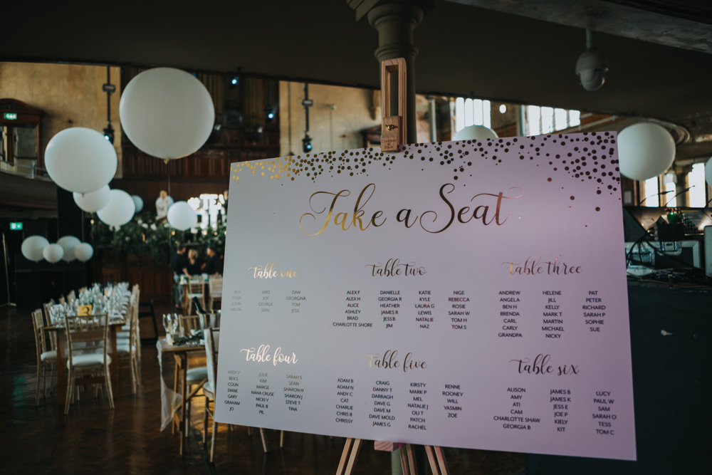 Table Plan Seating Chart Gold Stationery Easel Albert Hall Manchester Wedding Katie Dervin Photography