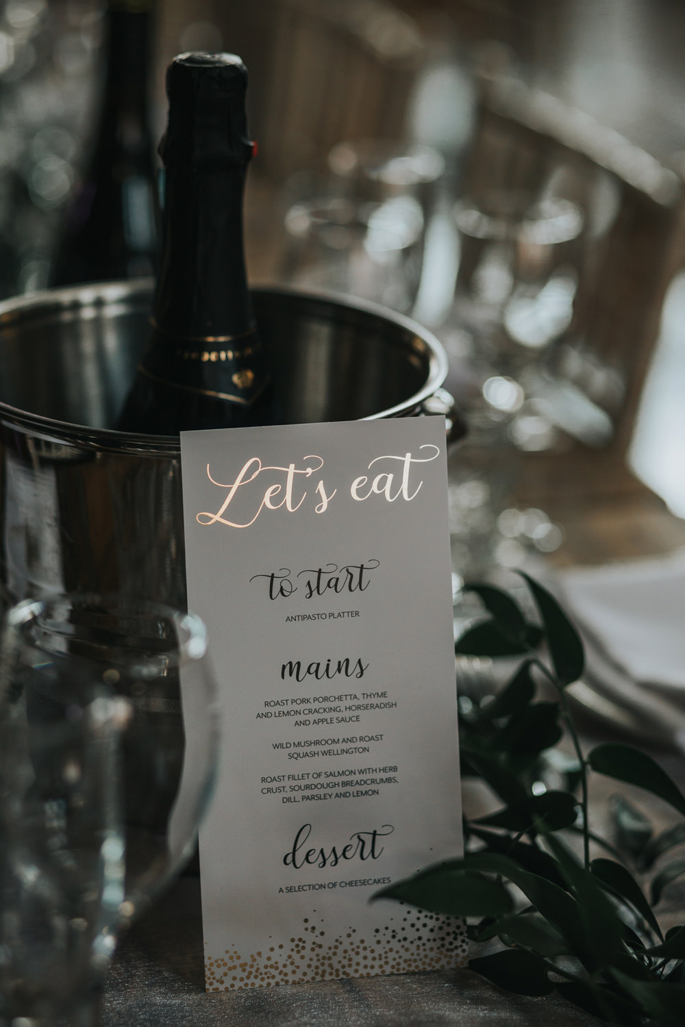 Menu Stationery Gold Greenery Foliage Runner Albert Hall Manchester Wedding Katie Dervin Photography