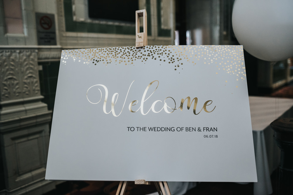 Welcome Sign Calligraphy Gold Albert Hall Manchester Wedding Katie Dervin Photography