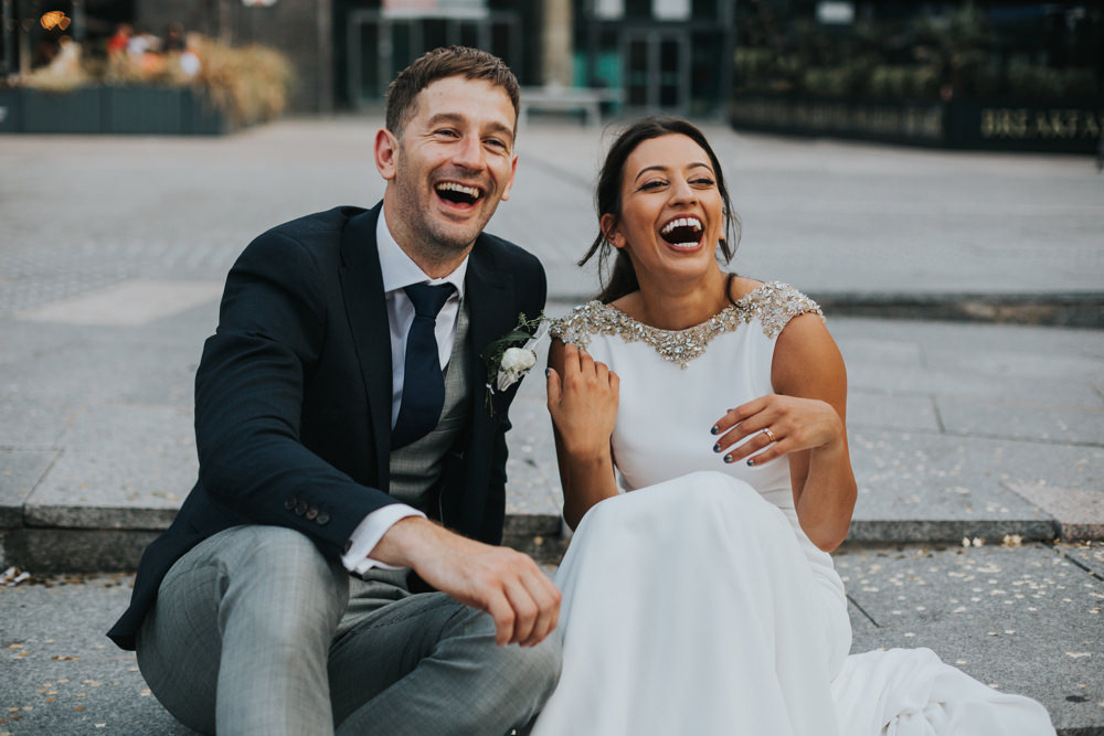 Pronovias Dress Gown Fit and Flare Embellished Sparkle Long Train Mismatched Suit Groom Albert Hall Manchester Wedding Katie Dervin Photography