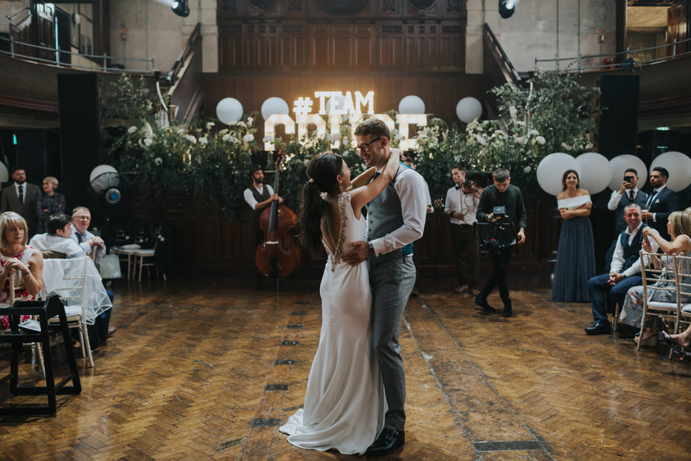 Pronovias Dress Gown Fit and Flare Embellished Sparkle Long Train Mismatched Suit Groom Large Helium Balloons Greenery Foliage Albert Hall Manchester Wedding Katie Dervin Photography