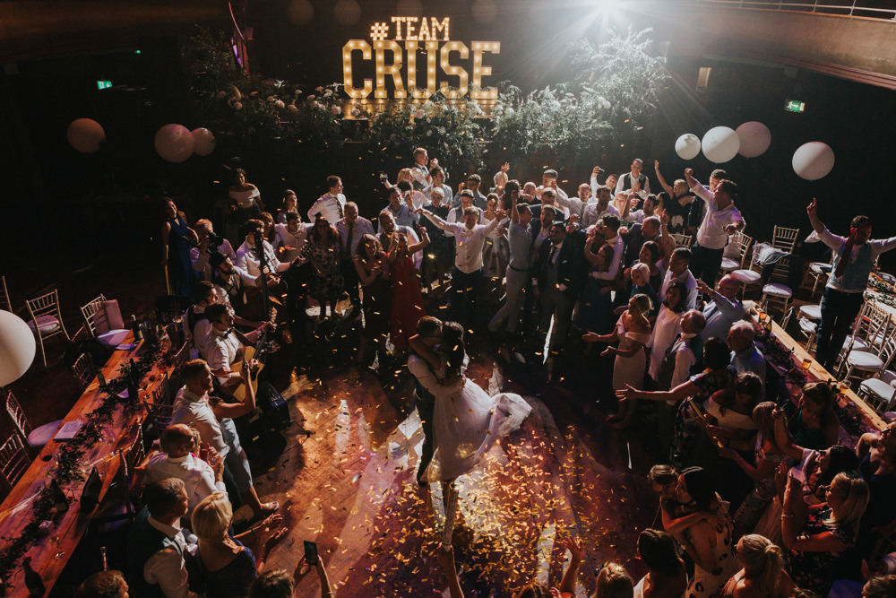 Pronovias Dress Gown Fit and Flare Embellished Sparkle Long Train Mismatched Suit Groom Confetti Cannon Albert Hall Manchester Wedding Katie Dervin Photography
