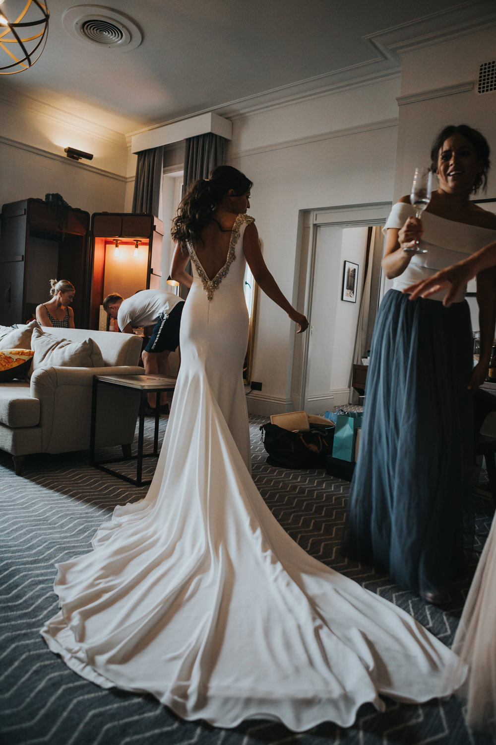 Pronovias Dress Gown Fit and Flare Embellished Sparkle Long Train Albert Hall Manchester Wedding Katie Dervin Photography